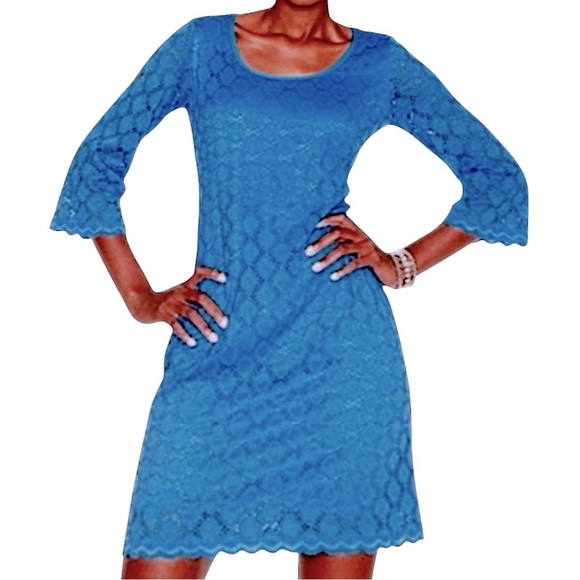 Ronni Nicole Teal Blue Lace Dress Coquette Eyelet Crochet Scoop Neck Midi Sheath - Picture 1 of 13